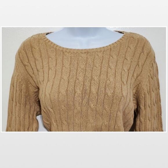Petite Large Classic Ribbed Cable Knit Tan Sweater - Picture 4 of 14